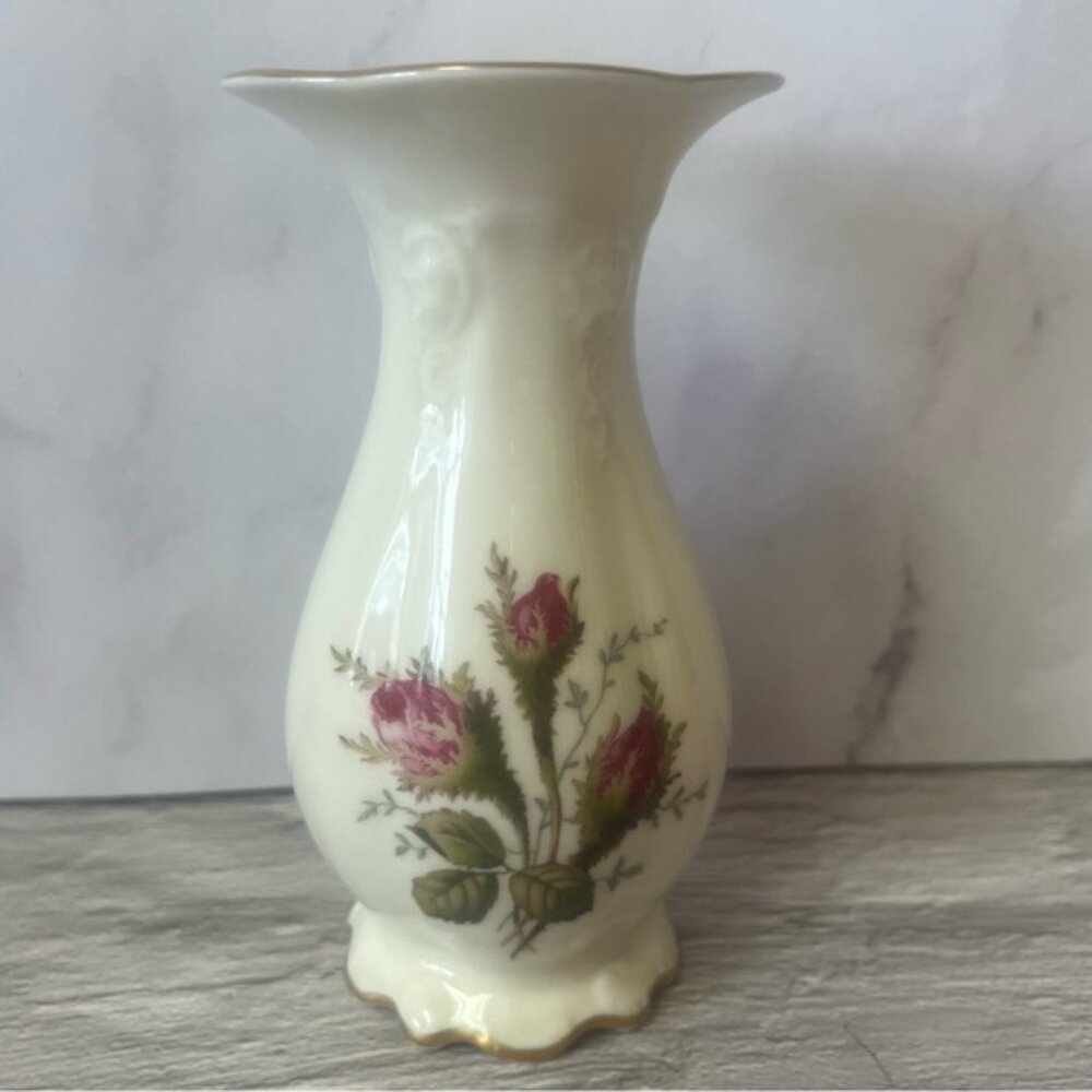 Vintage Rosenthal Group Germany Classic Moss Rose Bud Vase Ivory W/ Gold Border